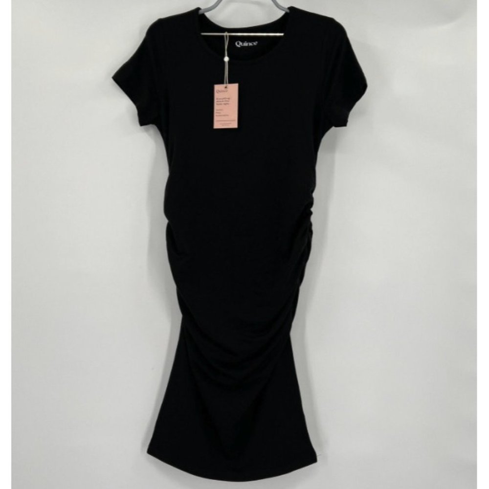 Quince Women's Black Tencel Jersey Maternity Ruched Dress sz L NWT Short Sleeve